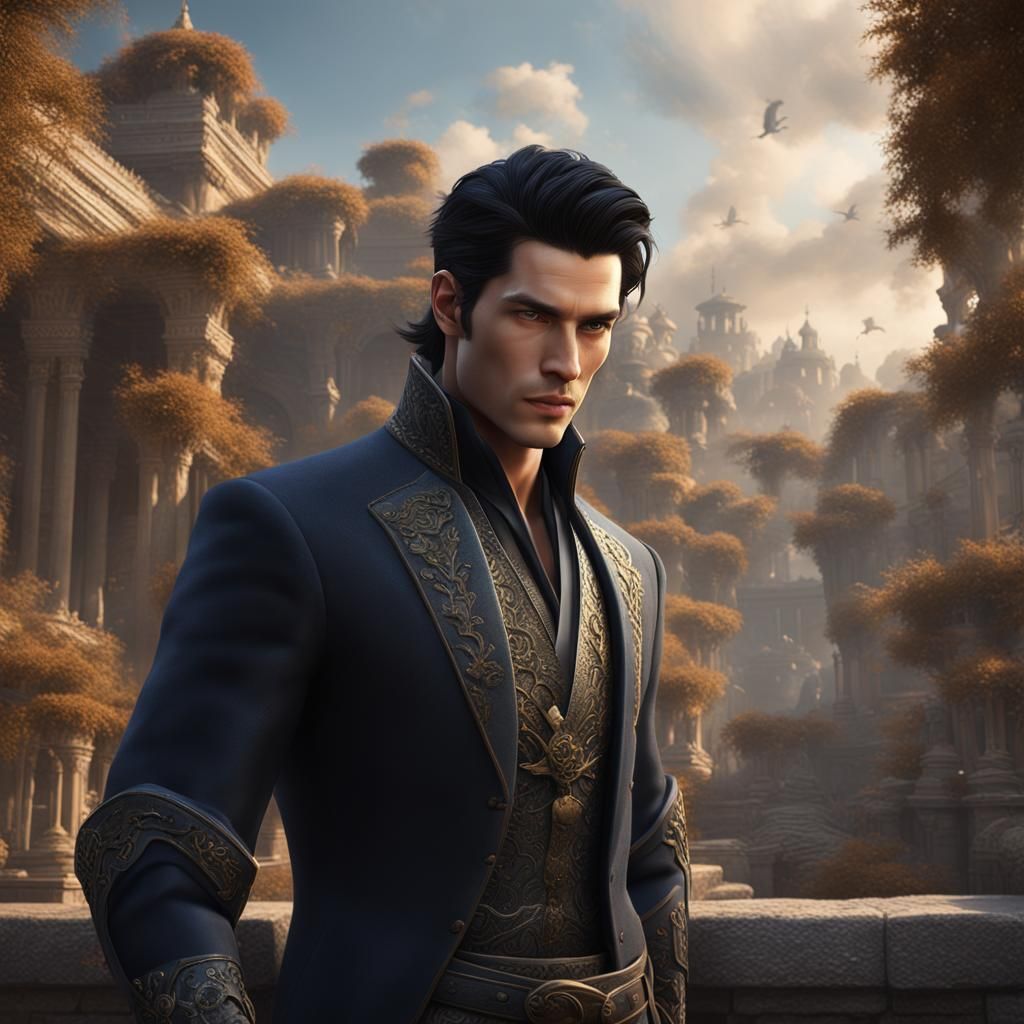 Elegant Dark-Haired Man: Detailed Fantasy Portrait