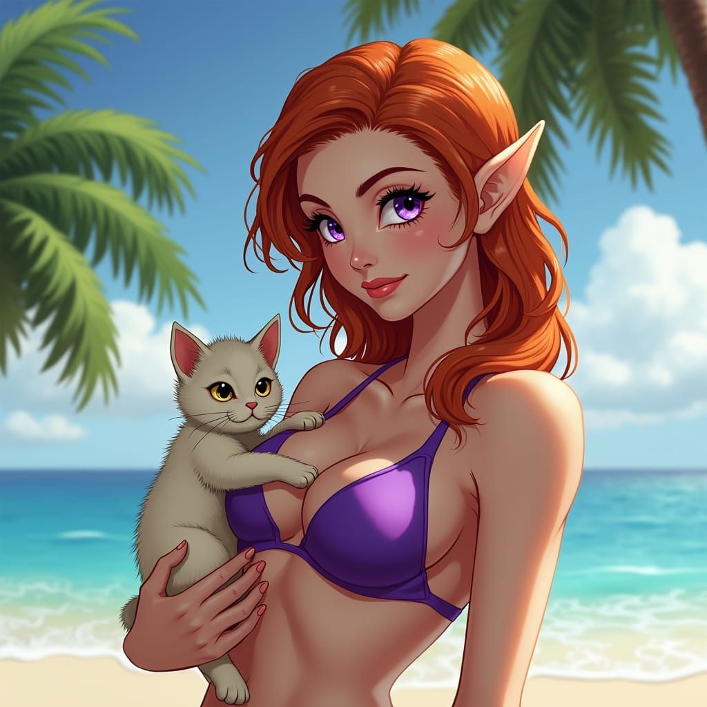 Elf Woman with Kitten on Tropical Beach