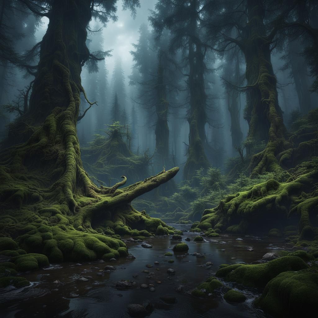 Misty Forest in the Pacific Northwest: Detailed Matte Painti...