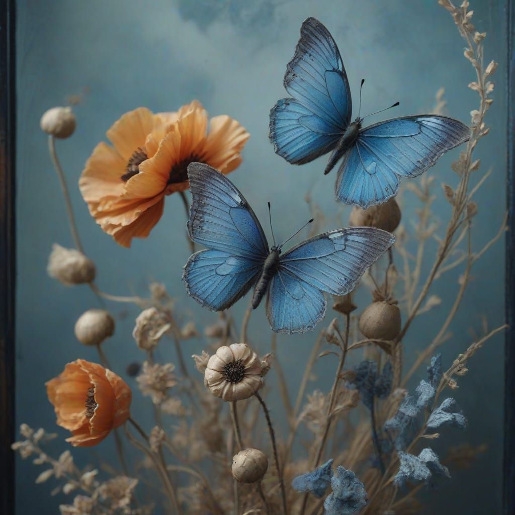 Dried Flowers and Blue Butterfly in Gothic Style