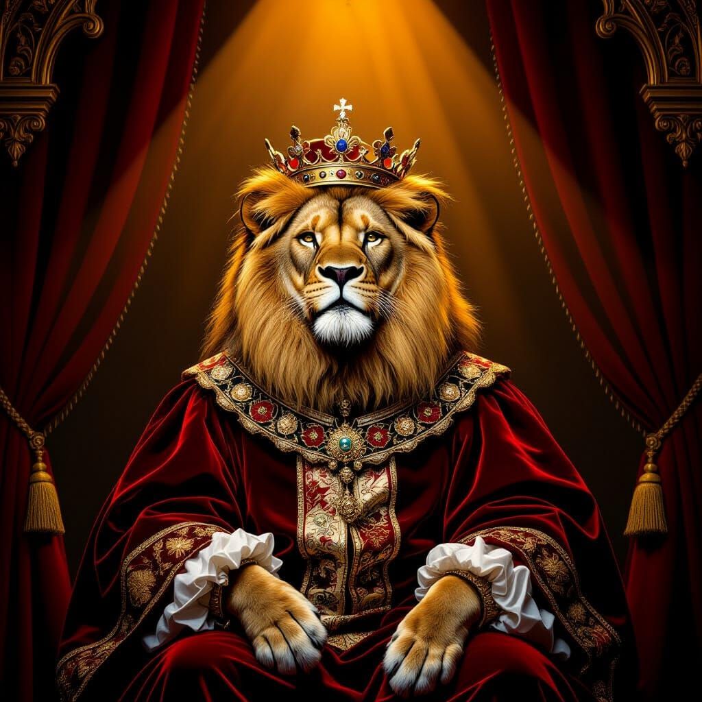 Majestic Lion Monarch Victorian Portrait Oil Engraving Style