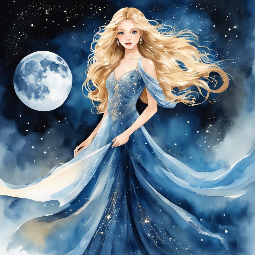 Glowing Princess in Moon Dress Watercolor Art