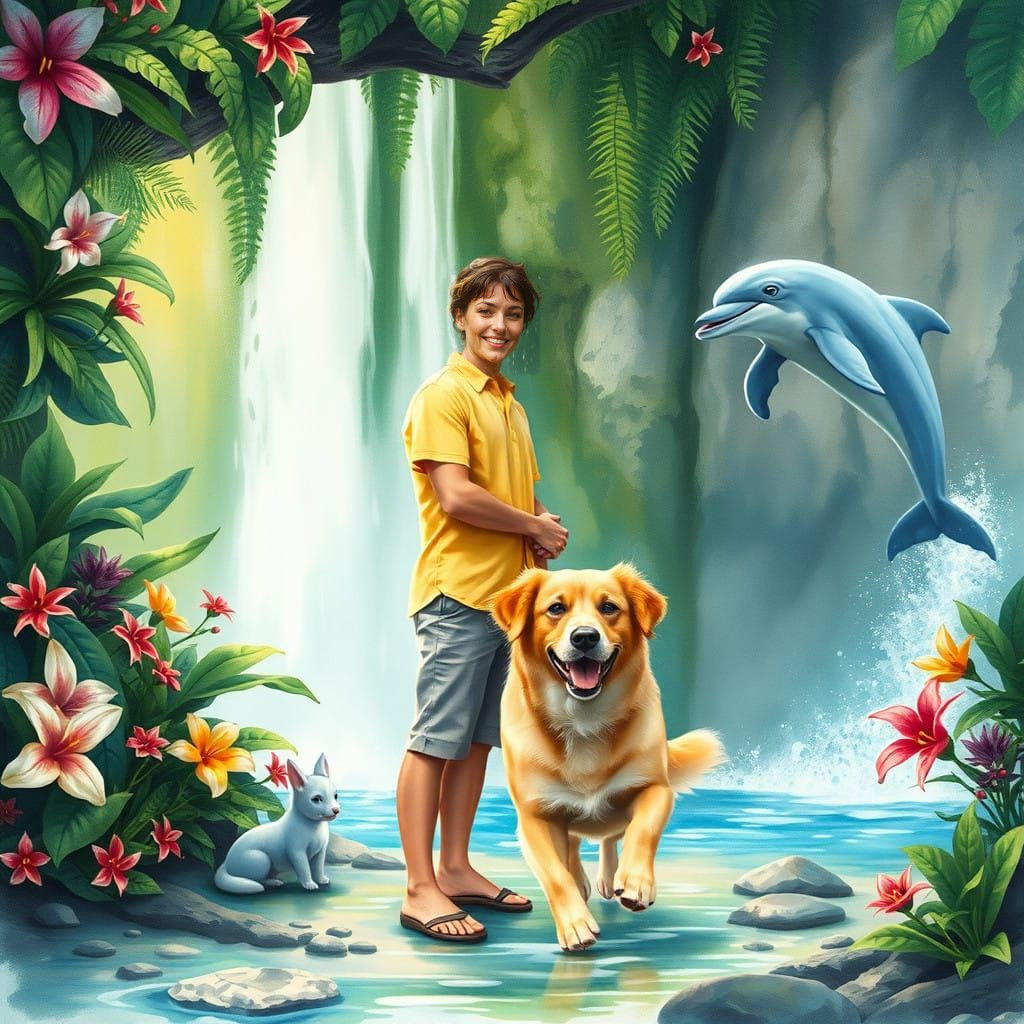 Romantic Scene Under a Waterfall with a Loyal Companion and....