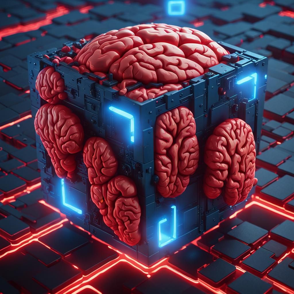 Glowing Brain Swells from Blue Cube: Cyberpunk Art