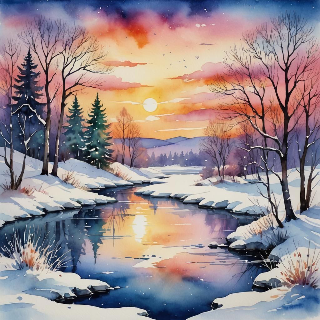 Whimsical Watercolor Winter Landscape at Sunset