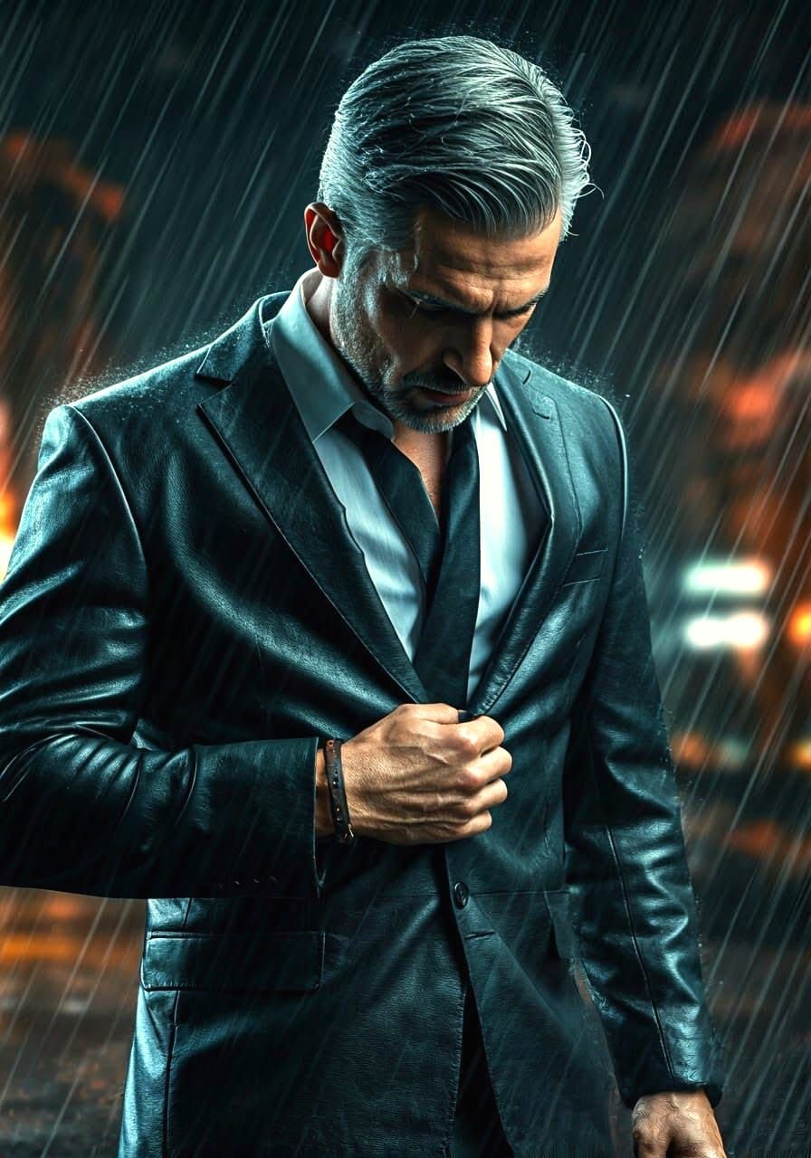 Sleek Leather Suit in Rainy City Streets