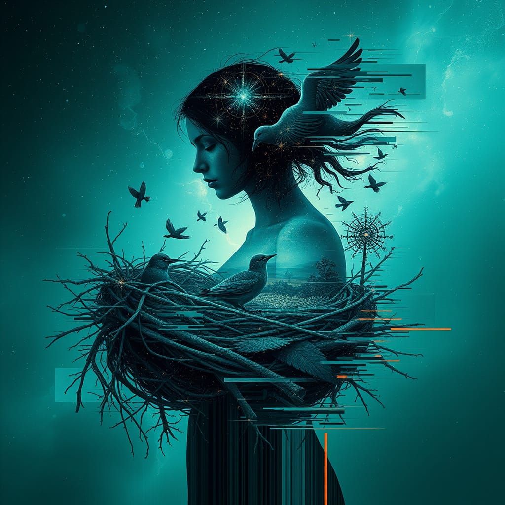 Dreamlike Woman Intertwined with Nature and Cosmic Energy