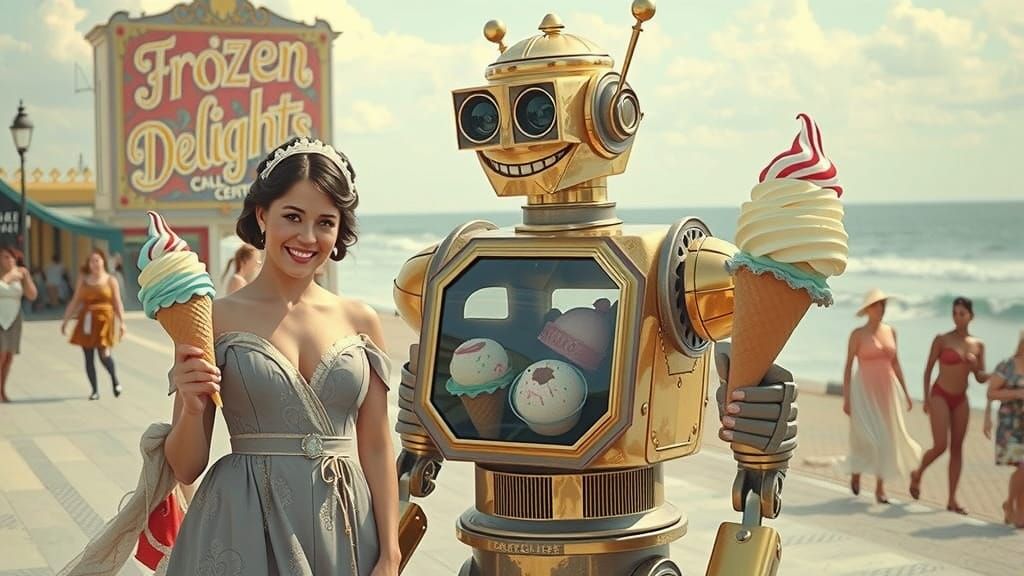 Victorian Women and Robot Enjoying Seaside Treats in Art Nou...