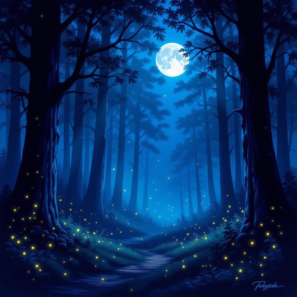 Magical Forest Night Scene with Moonlight and Fireflies