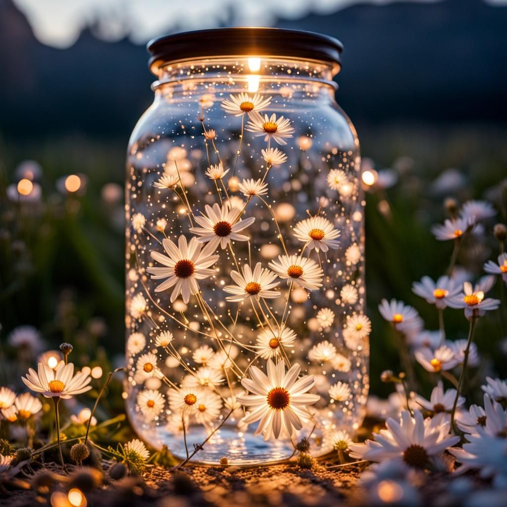 Radiant Flowers in Crystal Vase Under Starry Sky