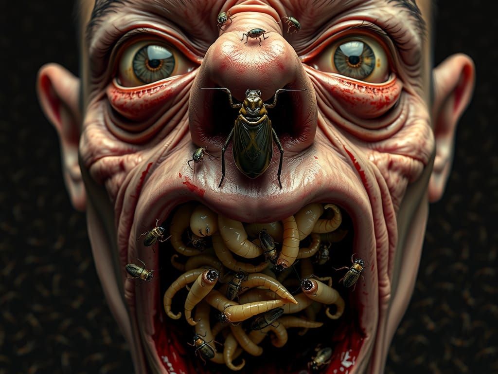 Grotesque Face in Agony with Swarming Insects