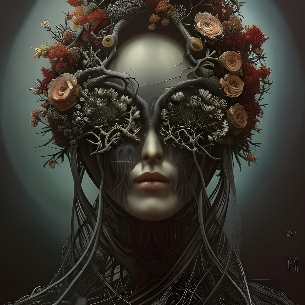 Tree Mycelium Cranium with Flowers in Goth Fantasy Art