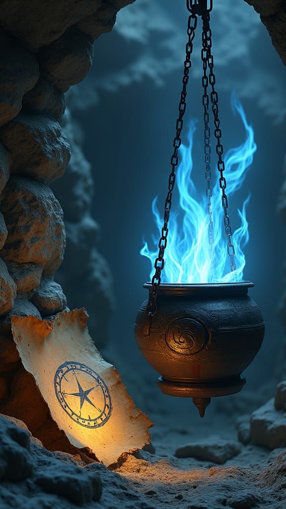 Mystical Cauldron with Blue Flames in Stone Cavern