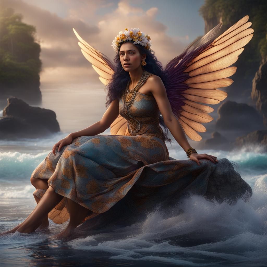 Amerindian Woman with Crocus Tiara on Ocean Waves