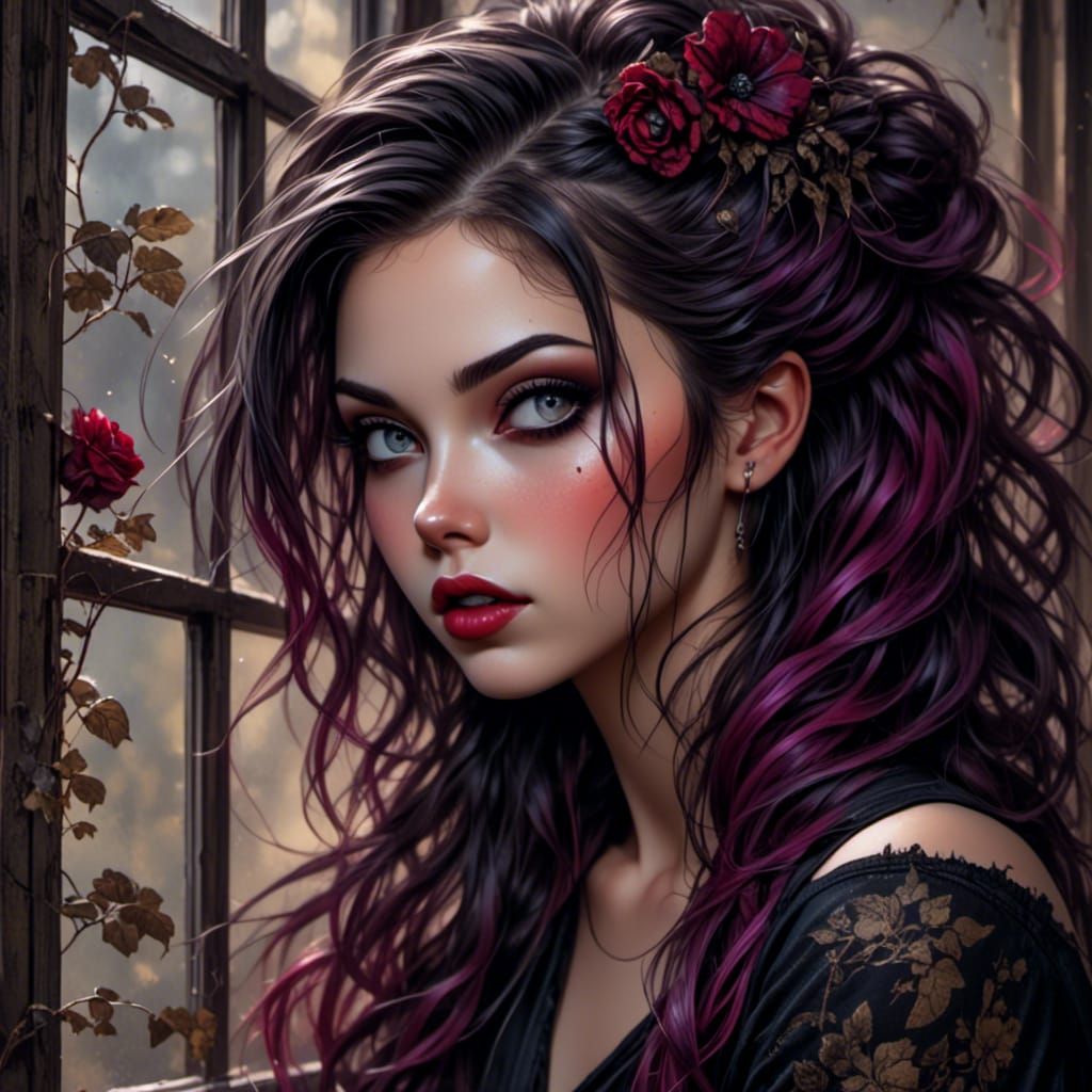 Moody Pin-Up Girl at Window in Dark Fantasy Style