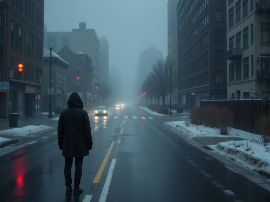 Man Ponders Fork in Road in Misty Rain