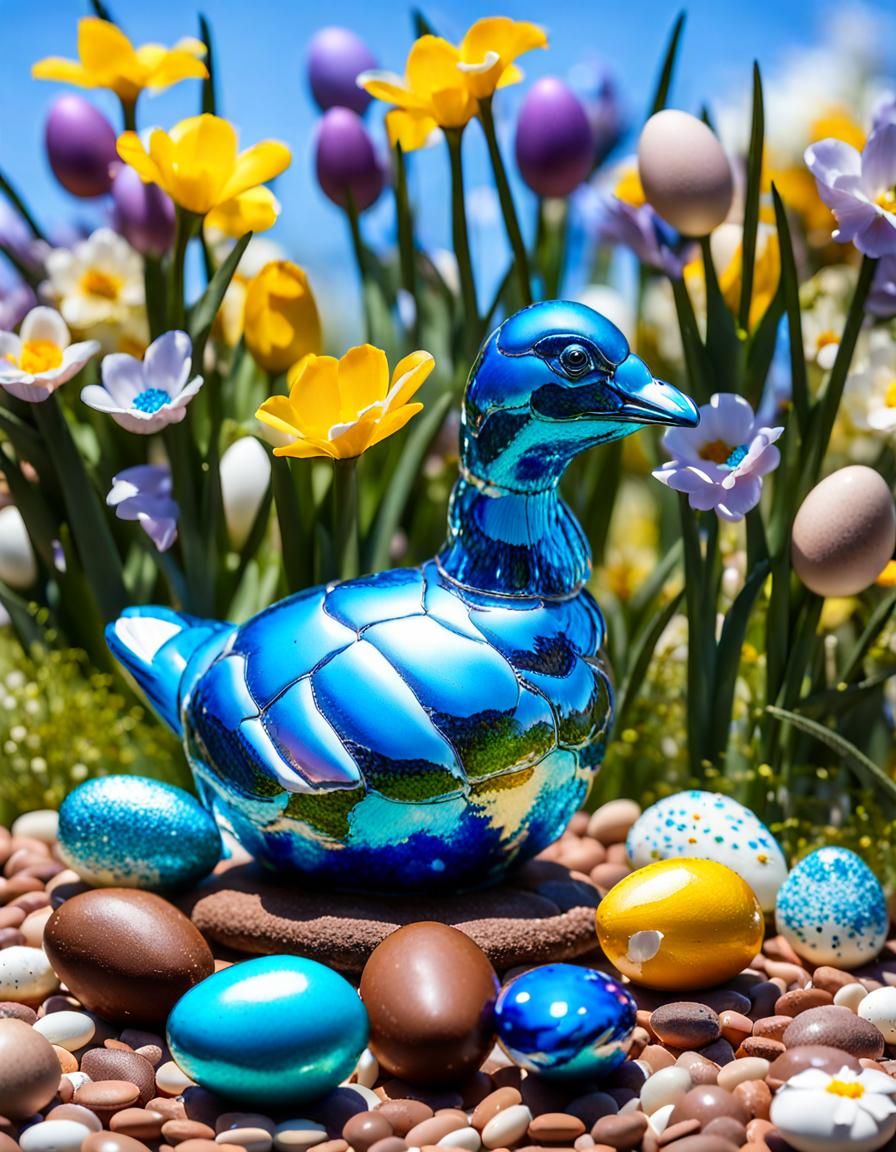 Vibrant Easter Sculpture in Whimsical Spring Setting