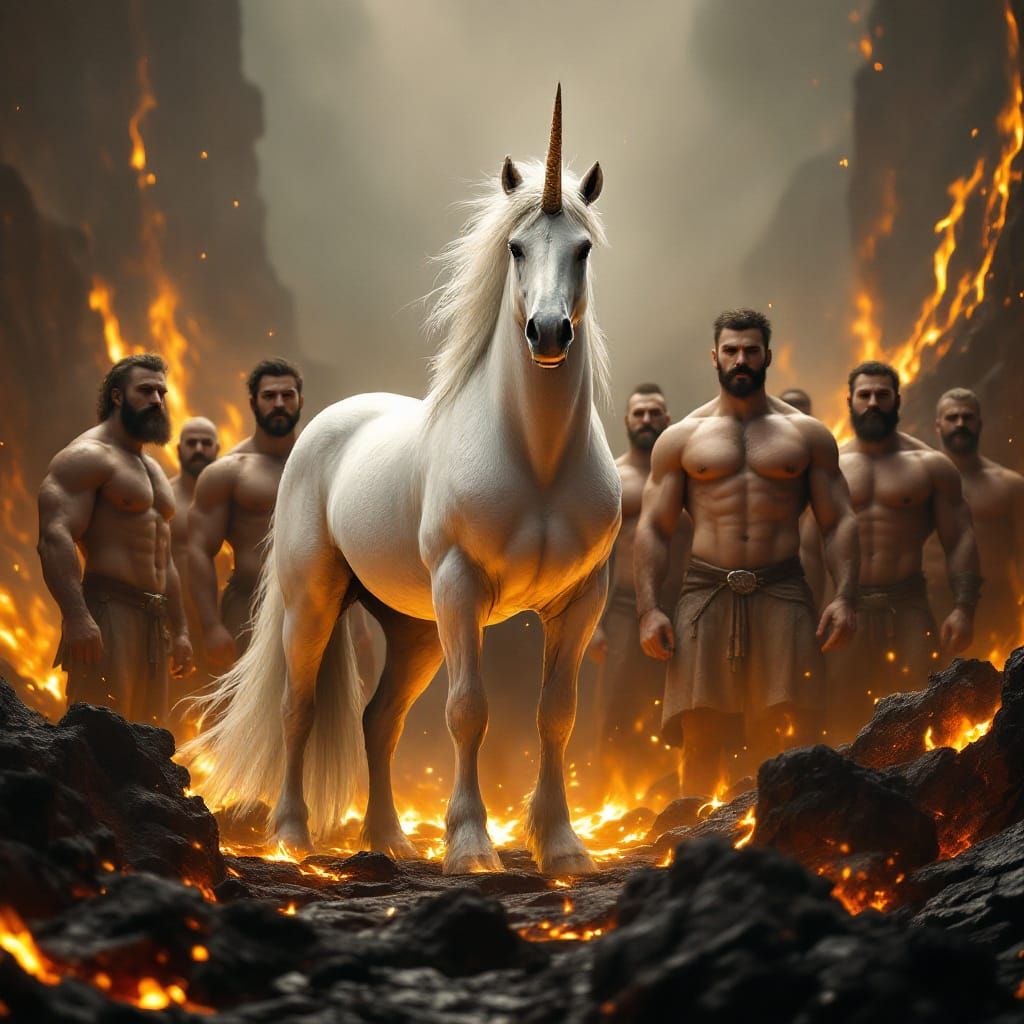Unicorn & Viking Bodybuilders Amidst Lava, Hyperrealistic St...