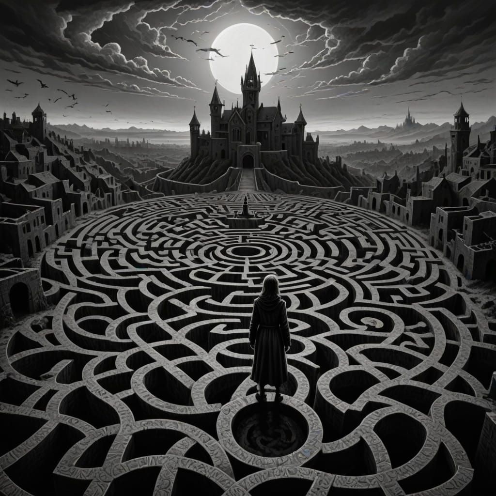 Ominous Gray Maze Under a Black Sun with White Corona