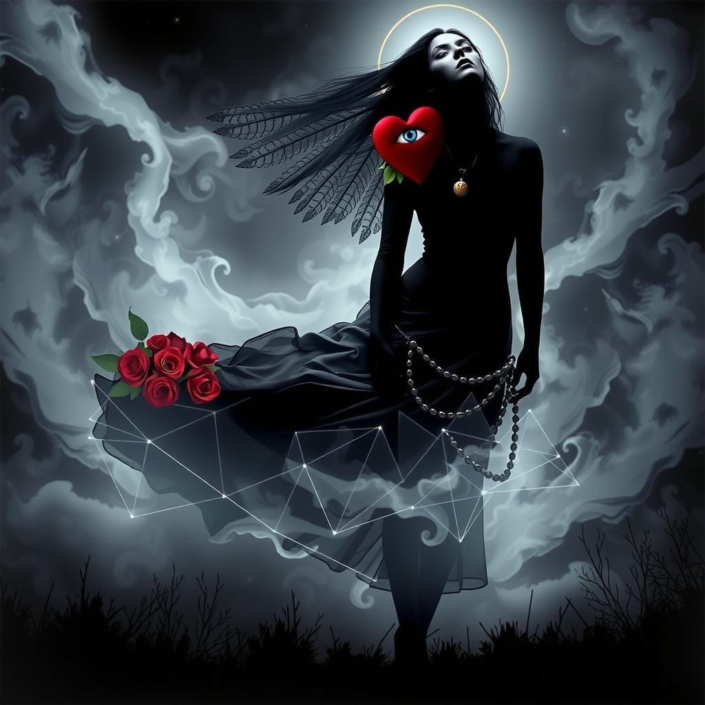 Punk Faith Icon in Goth Attire with Geometric Wings