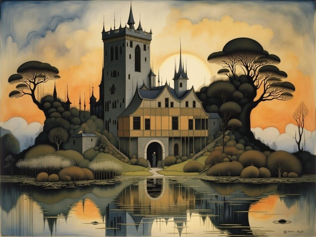 Surreal Ruined City Reflected in Enchanted Sunset Lake