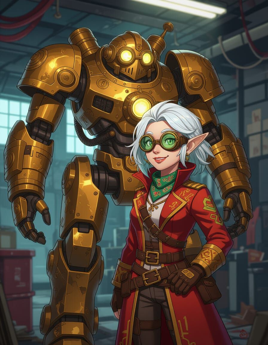 Gnome Pilot and Steampunk Exosuit, Anime Style