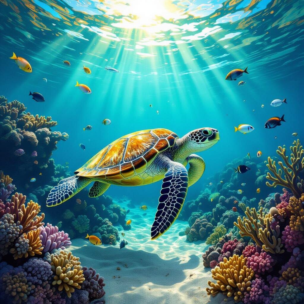 Majestic Sea Turtle Swims Vibrant Coral Reef
