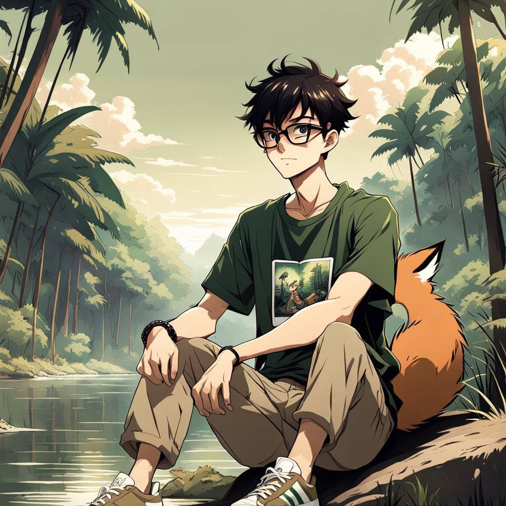 Anime Boy with Fox in Amazon Jungle