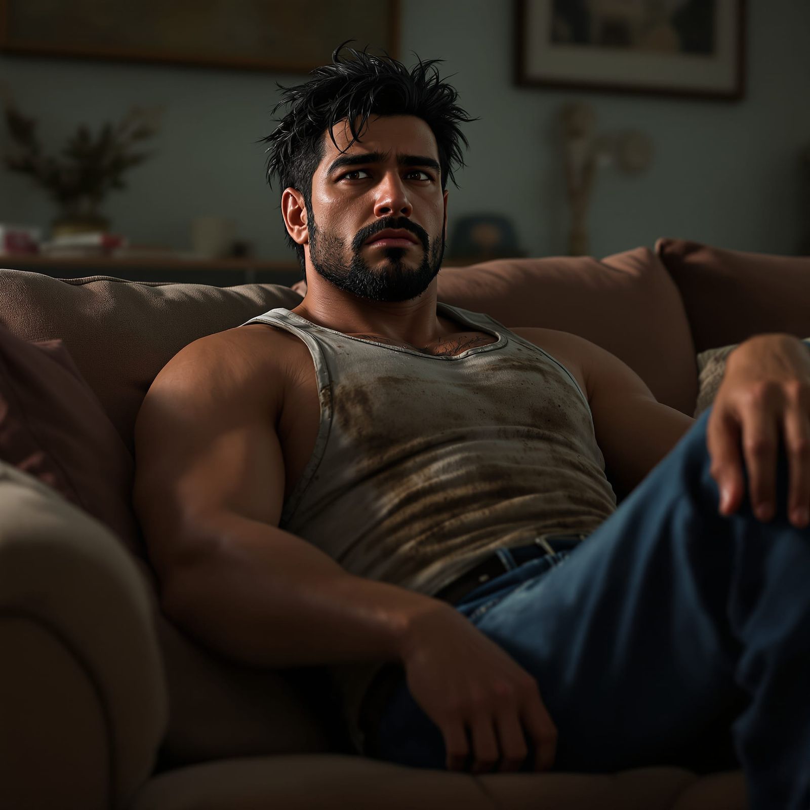 Rugged Plumber Relaxing After Work in 3D Cinematic Style