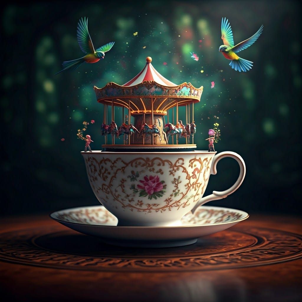 Enchanted Carousel Rising From Tea Cup, Hyperrealistic