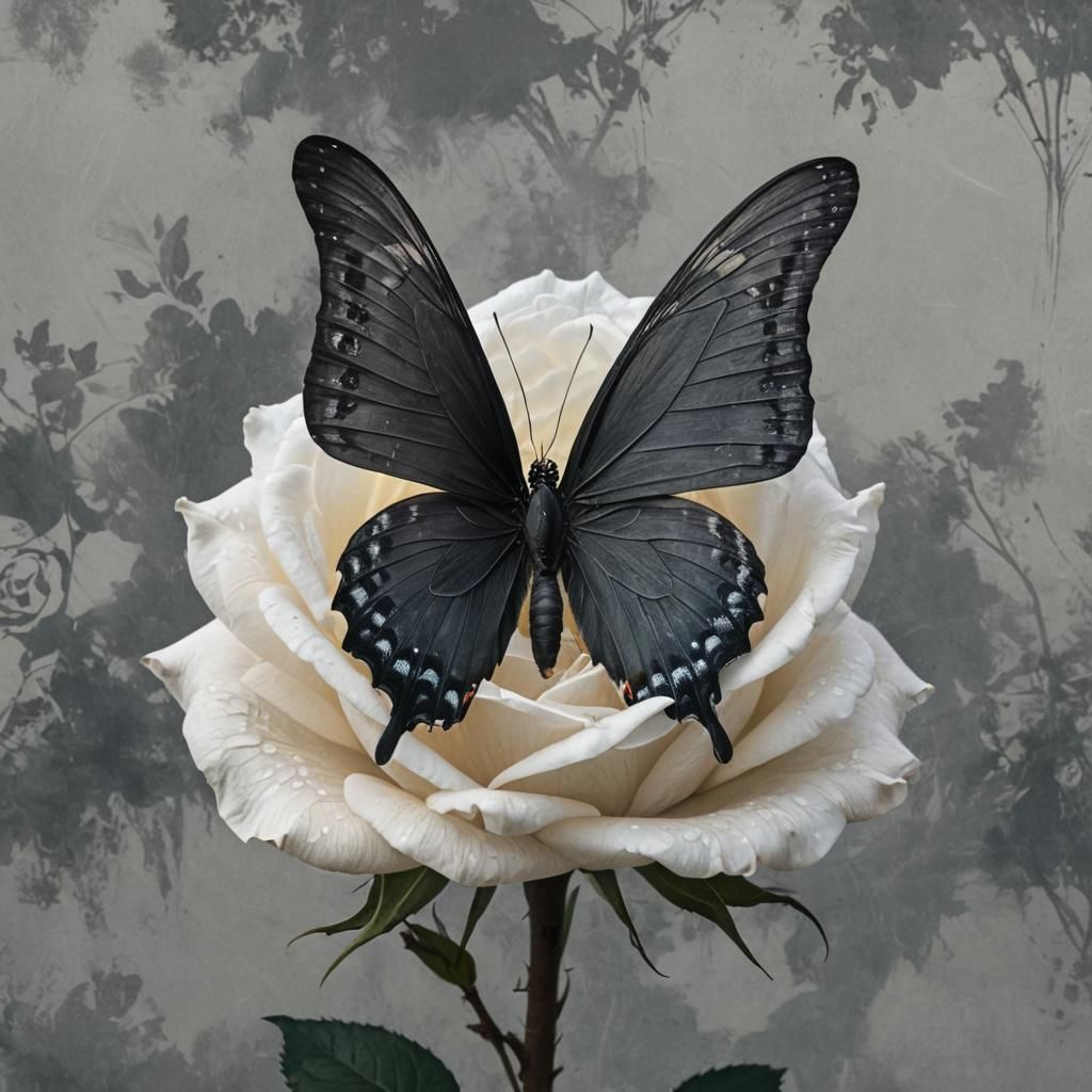 Black Butterfly on White Rose, Grunge Style