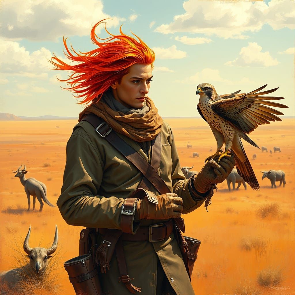 Falconer in Wild Red Locks, Earthy Tones, African Wilderness