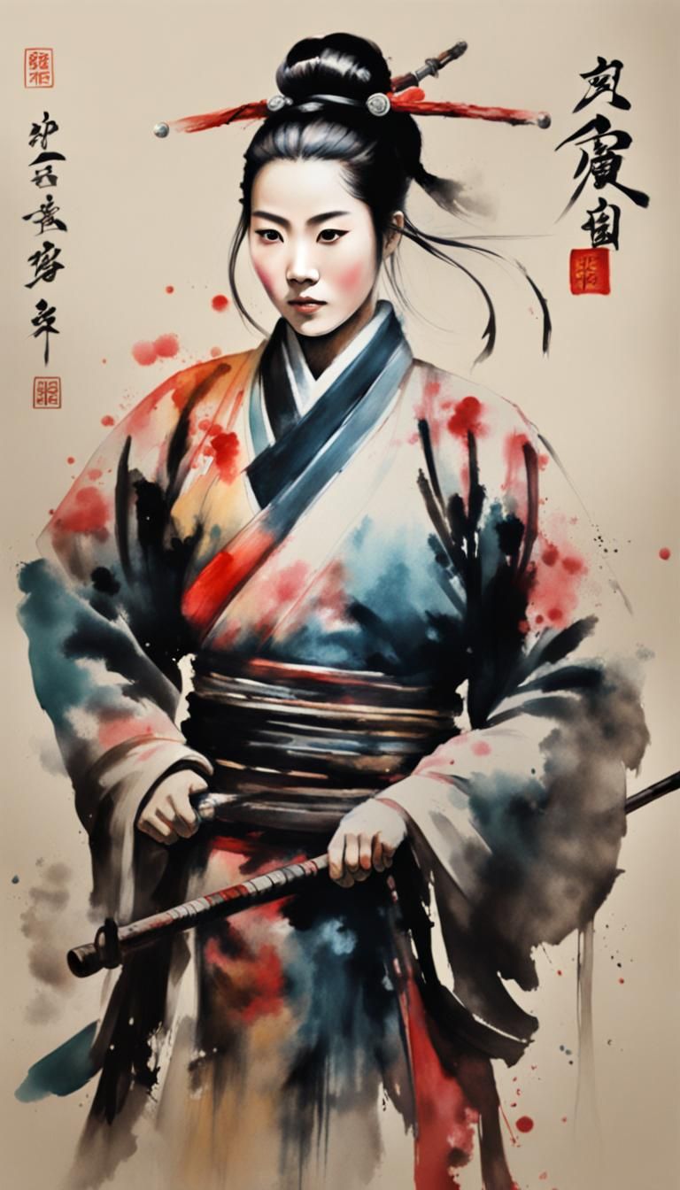 Woman Warrior Portrait in Chinese Ink Painting Style