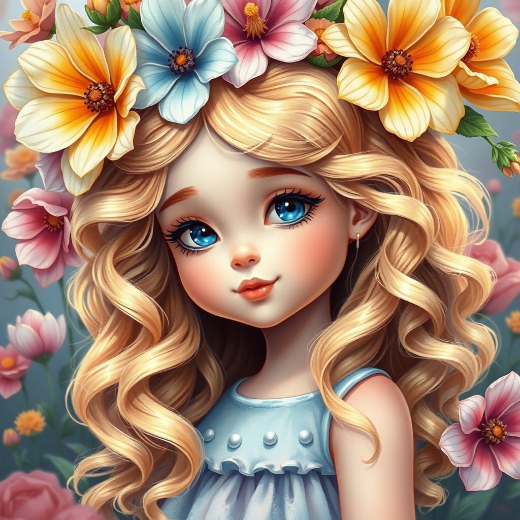 Beautiful Girl with Flowers in 3D Cartoon Style