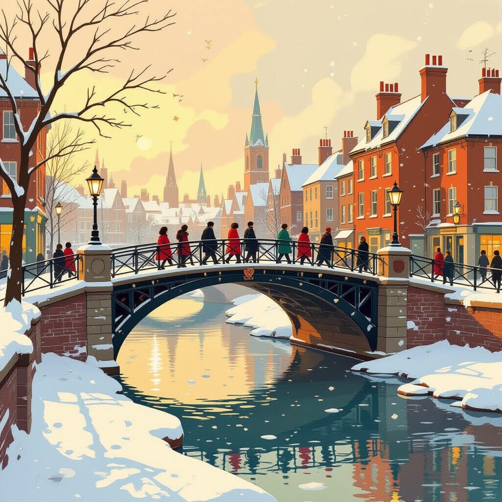 Winter Bridge Scene in Impressionistic Style