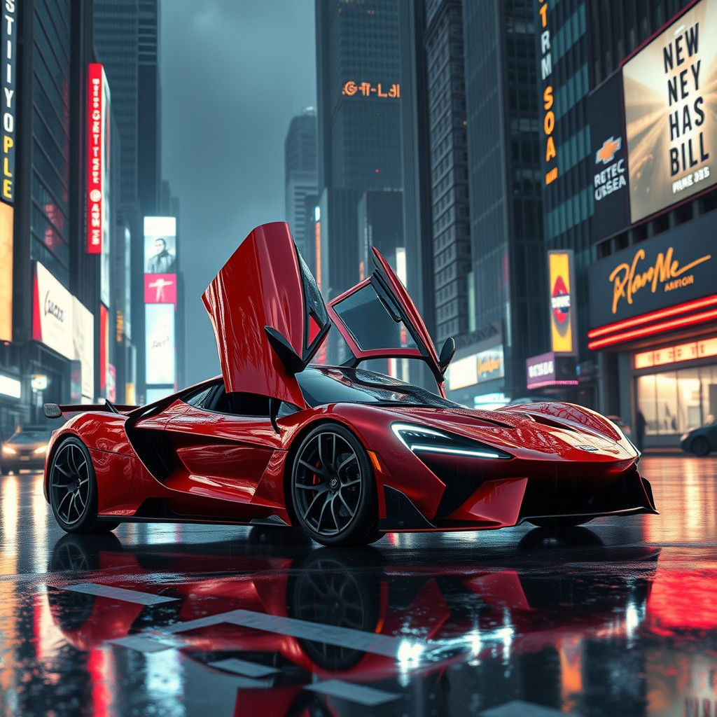 Futuristic Red Sports Car in Cyberpunk Cityscape