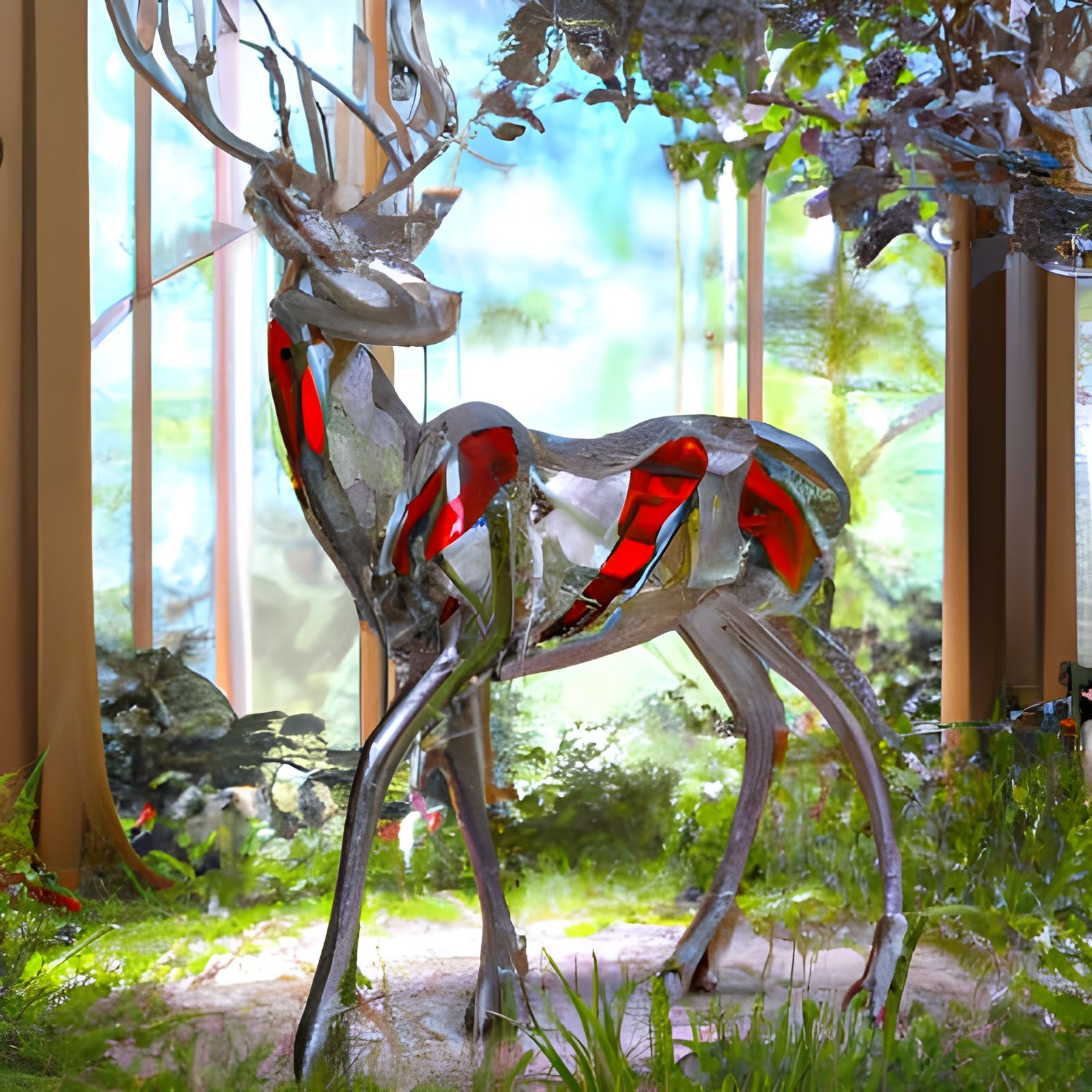 Stained Glass Deer in Realistic Forest: 3D Render