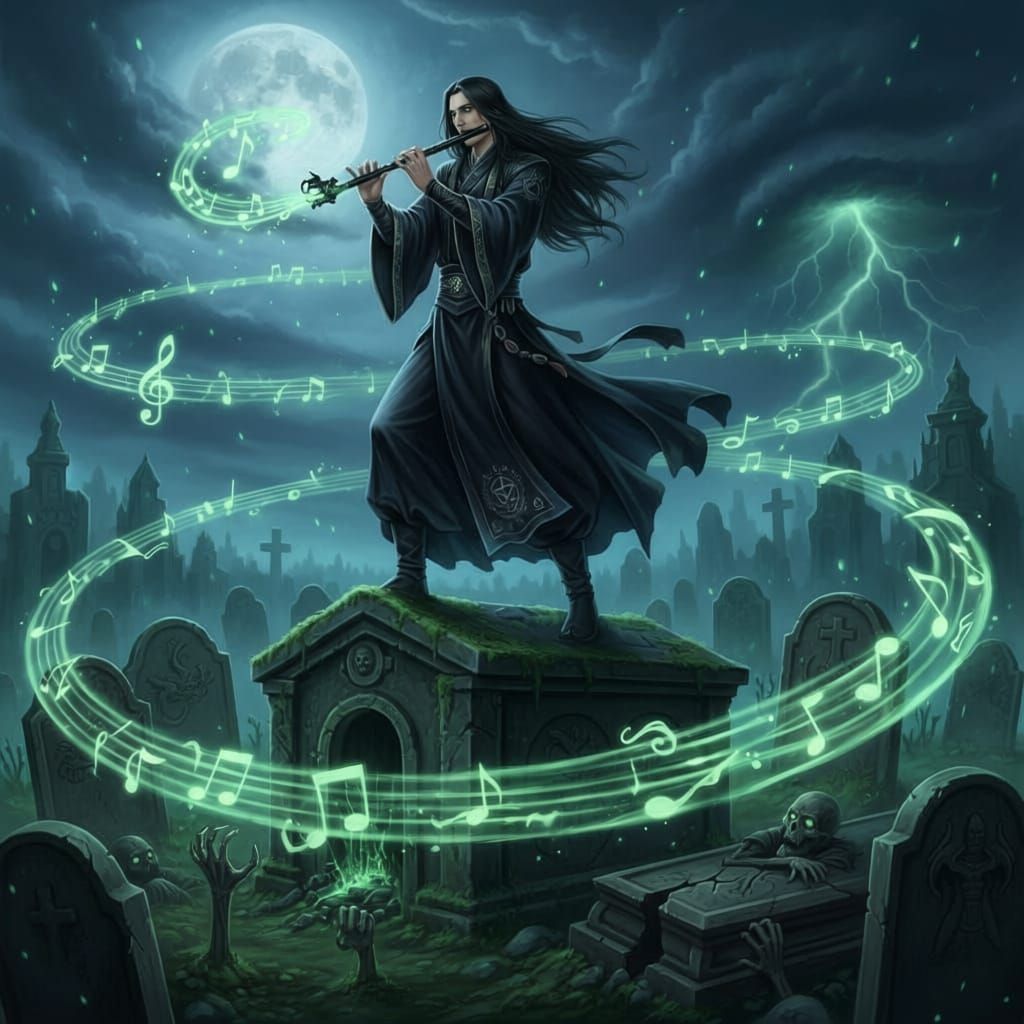 Necromancer Plays Flute Summoning Undead in Graveyard
