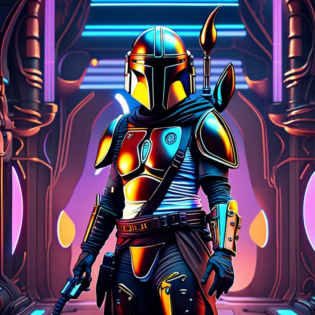 Steampunk Mandalorian in Blacklight and Neon