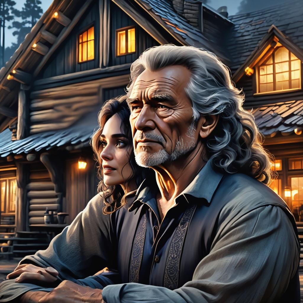 Twilight Cabin Scene with Campfire Light