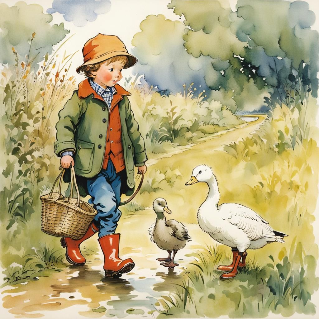 Boy and Goose Walk, Children's Book Illustration