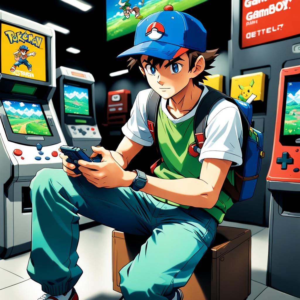 Pokémon Trainer Playing Gameboy in Anime Style