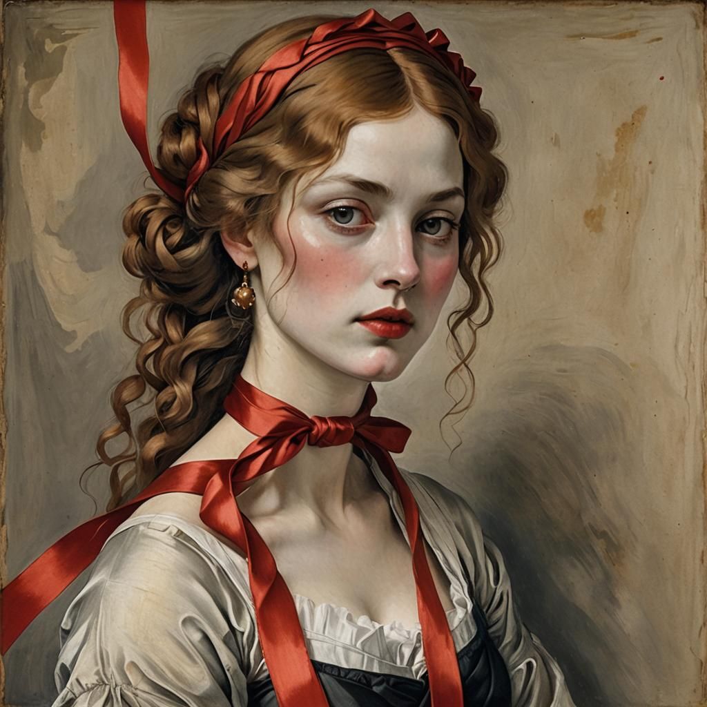 Sensual Woman with Red Ribbon: A Classical Portrait