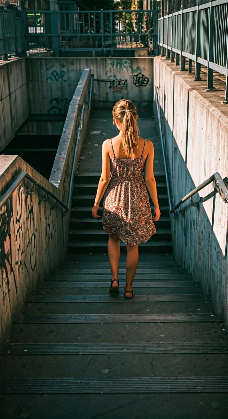 Ethereal Subway Staircase Descent in Vibrant Colors