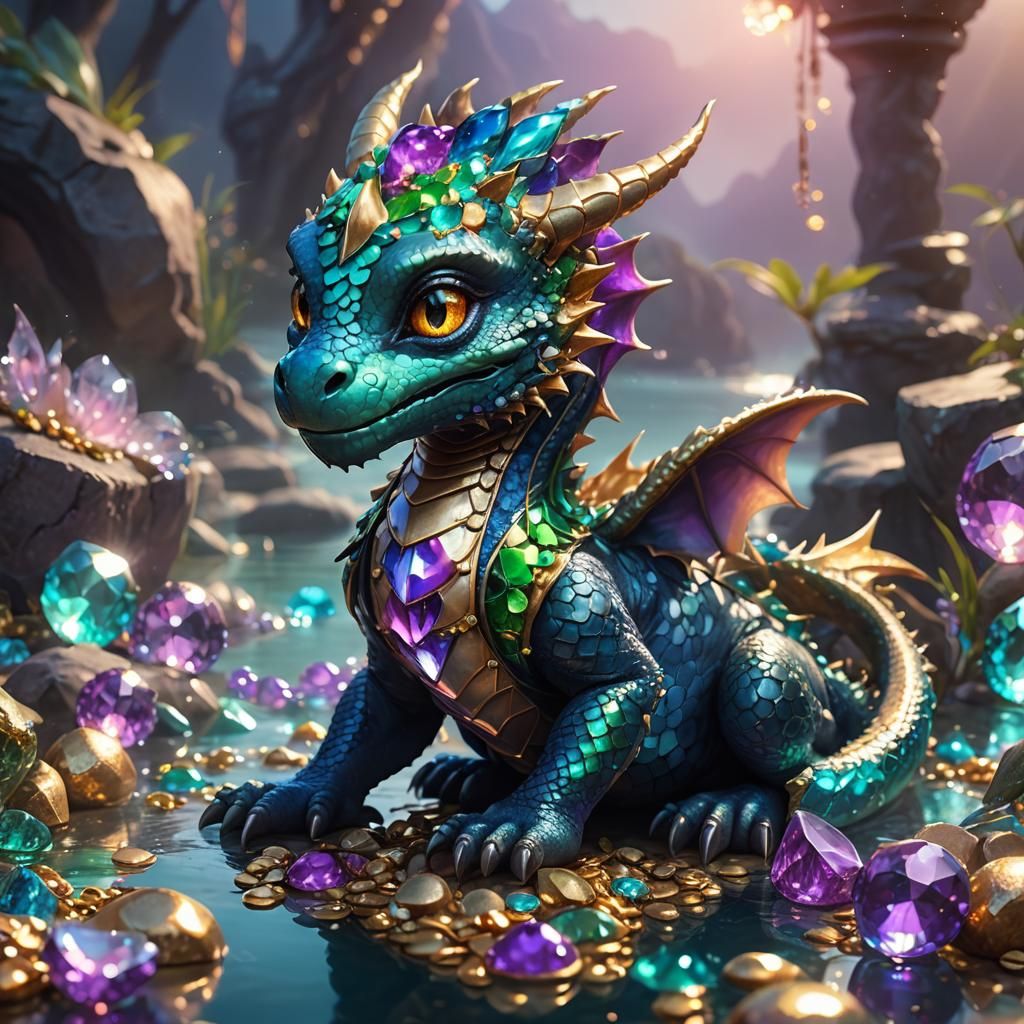 Baby Dragon Surrounded by Jewels in Fantasy Art