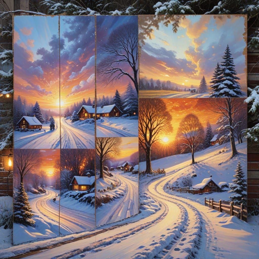 Surreal Winter Sunset Collage in Impasto Style