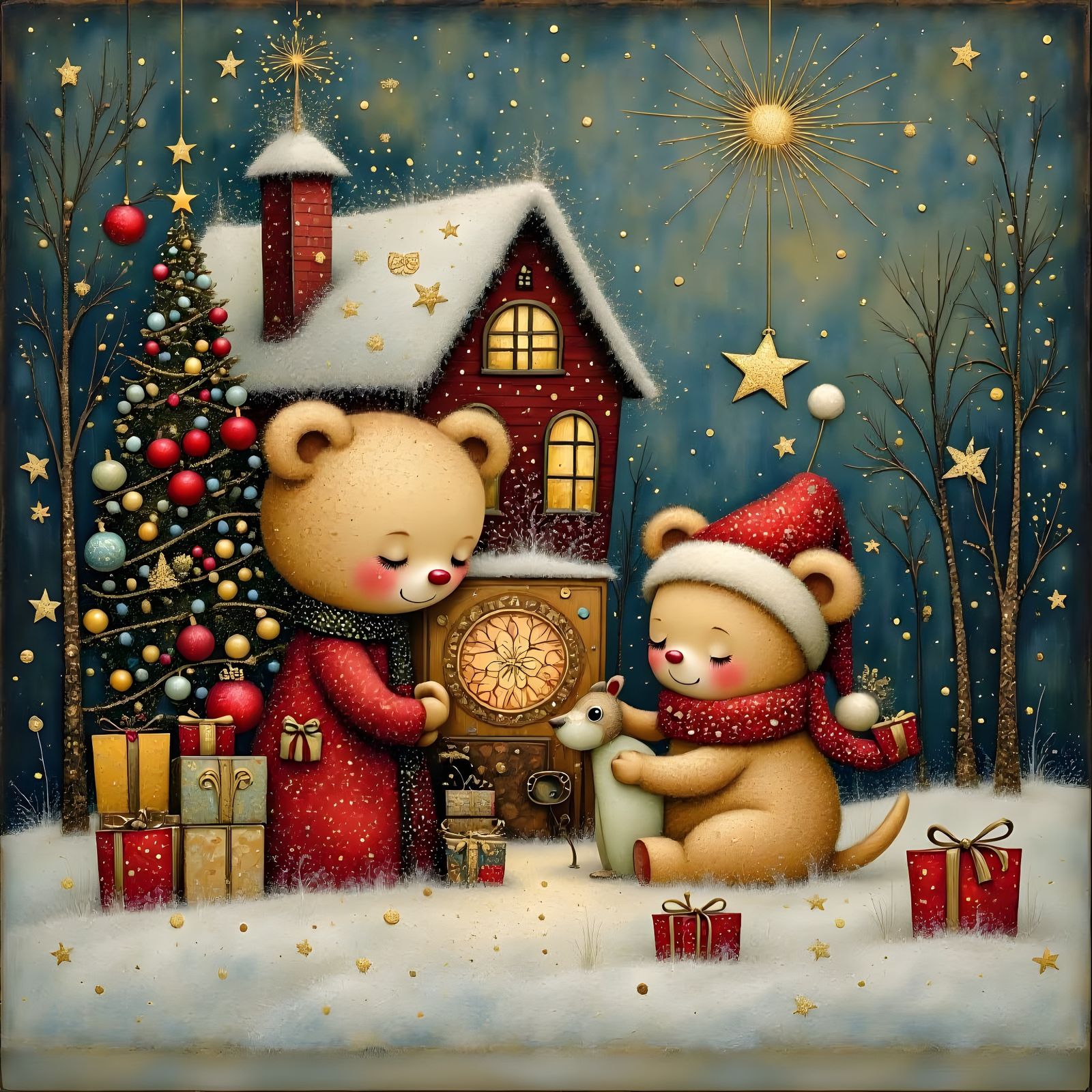 Vintage Christmas Scene with Two Young Bears