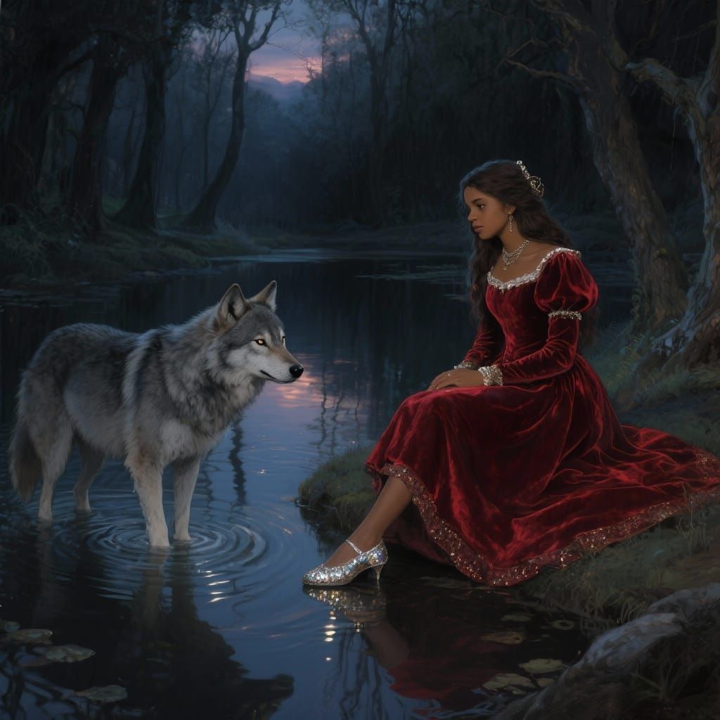 Girl in Red Dress Meets Wolf by Twilight Pond