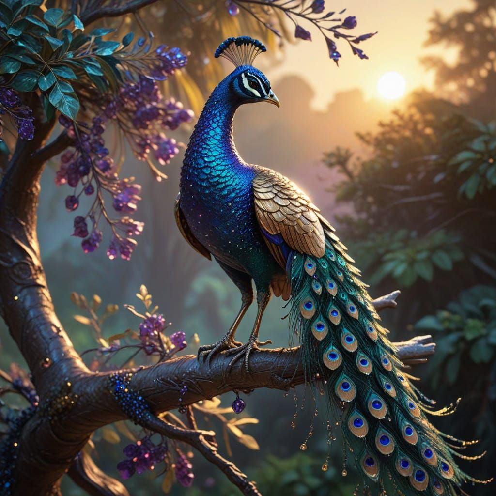 Gemstone Peacock in Shimmering Sunset, Ethereal Style