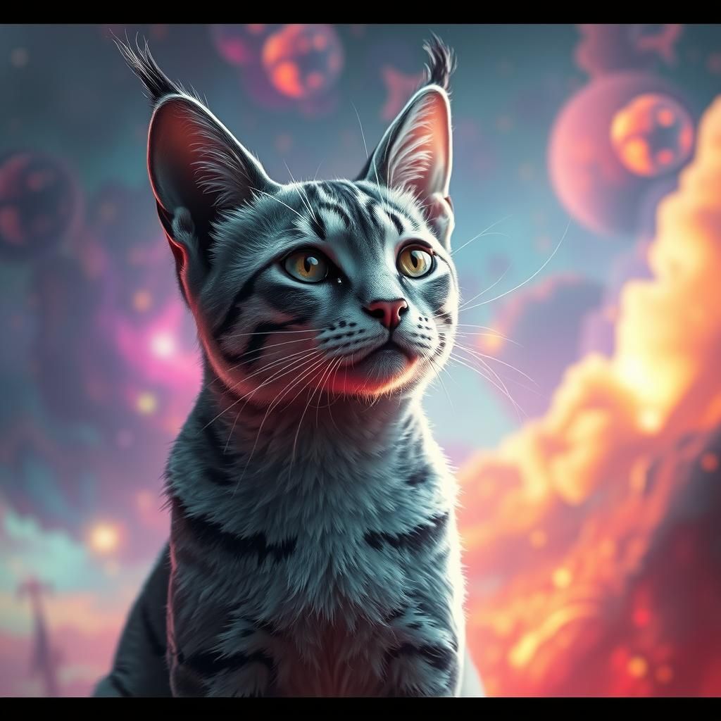 Monochrome Cat in Colorful Fantasy Landscape